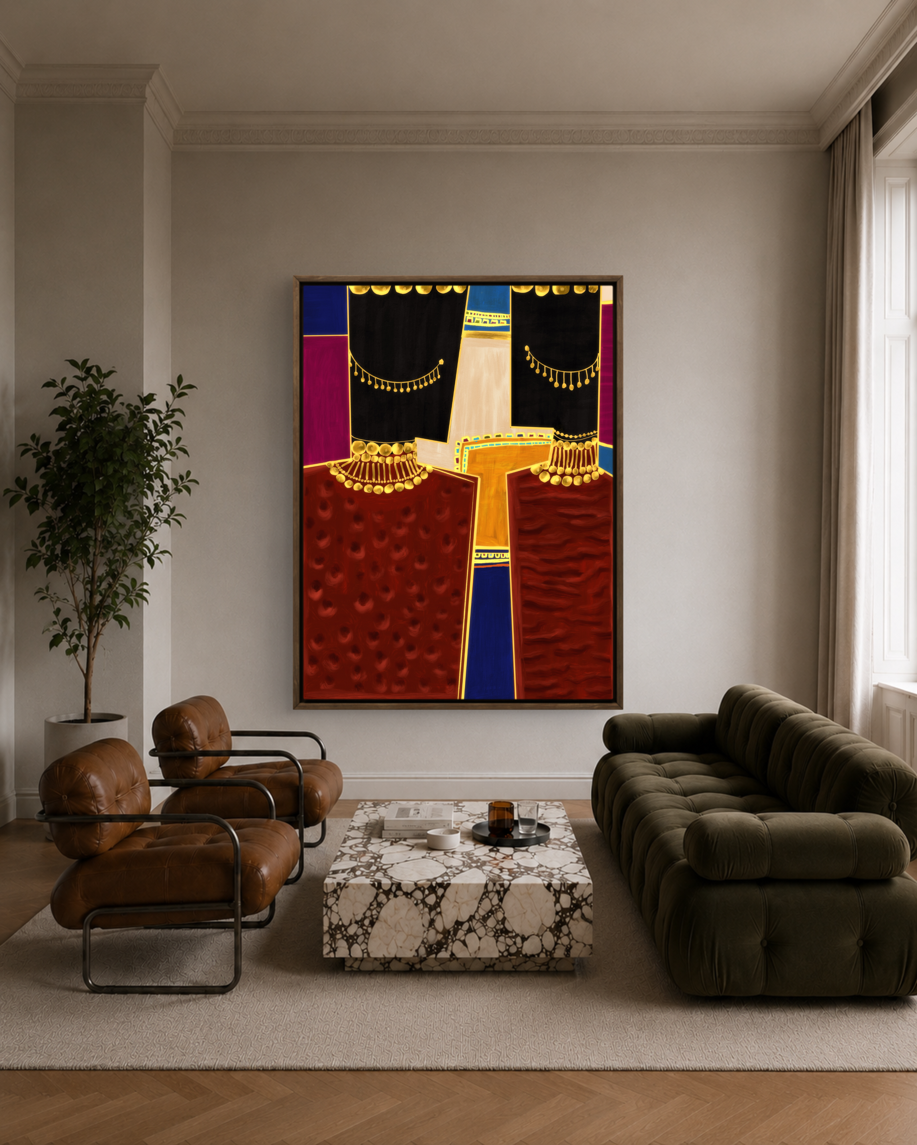 Large Afrofuturist abstract painting in rich red, gold, and black tones for contemporary interiors