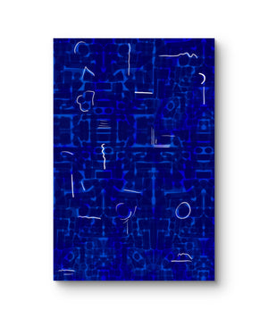 Oversized cobalt blue abstract painting with gestural markings for contemporary interiors