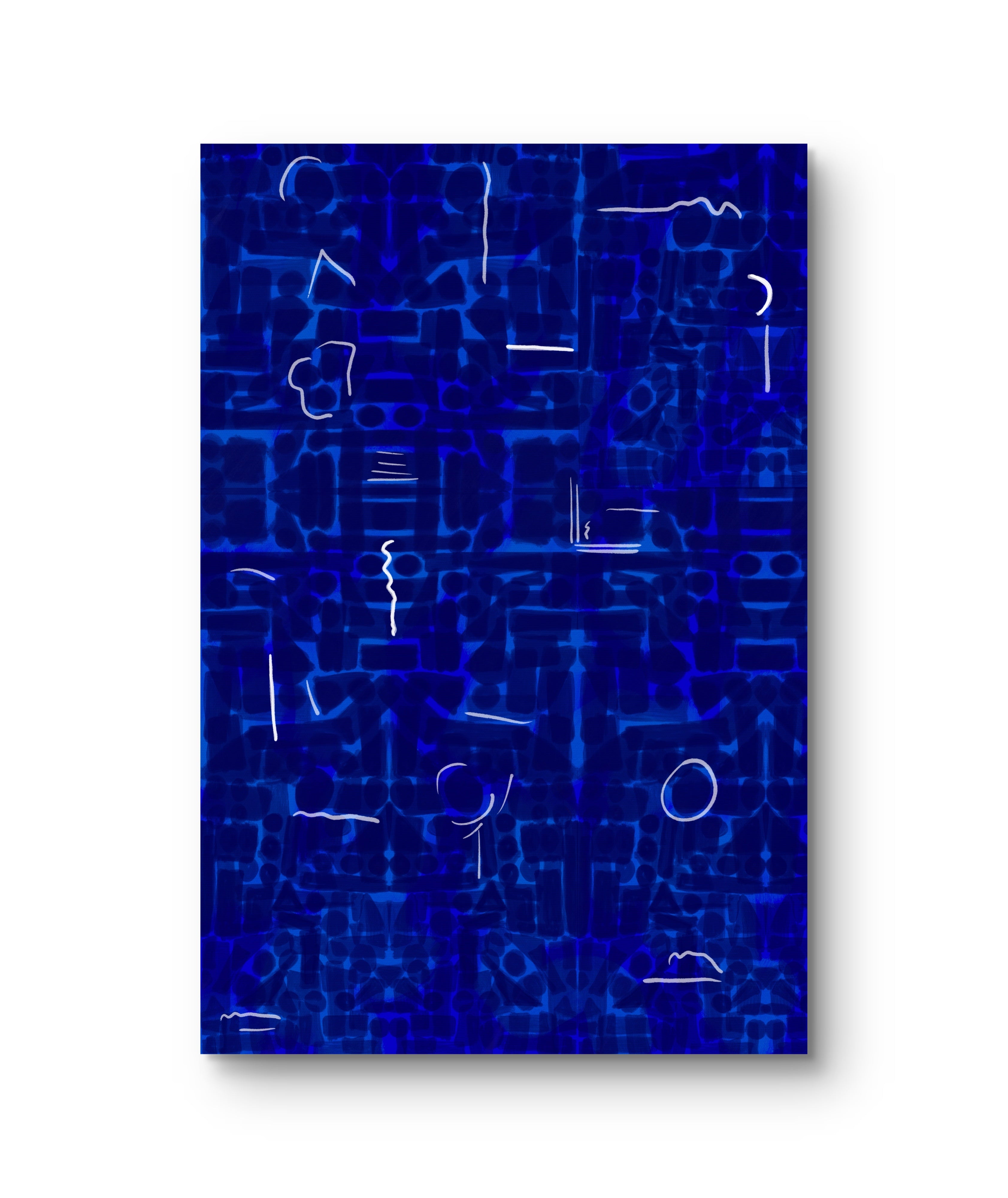 Oversized cobalt blue abstract painting with gestural markings for contemporary interiors