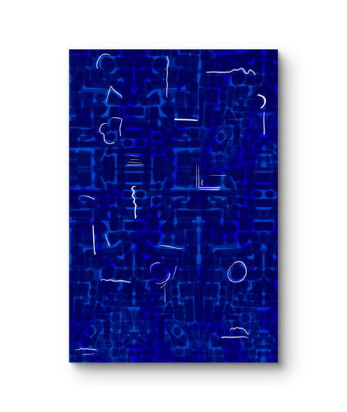 Oversized cobalt blue abstract painting with gestural markings for contemporary interiors