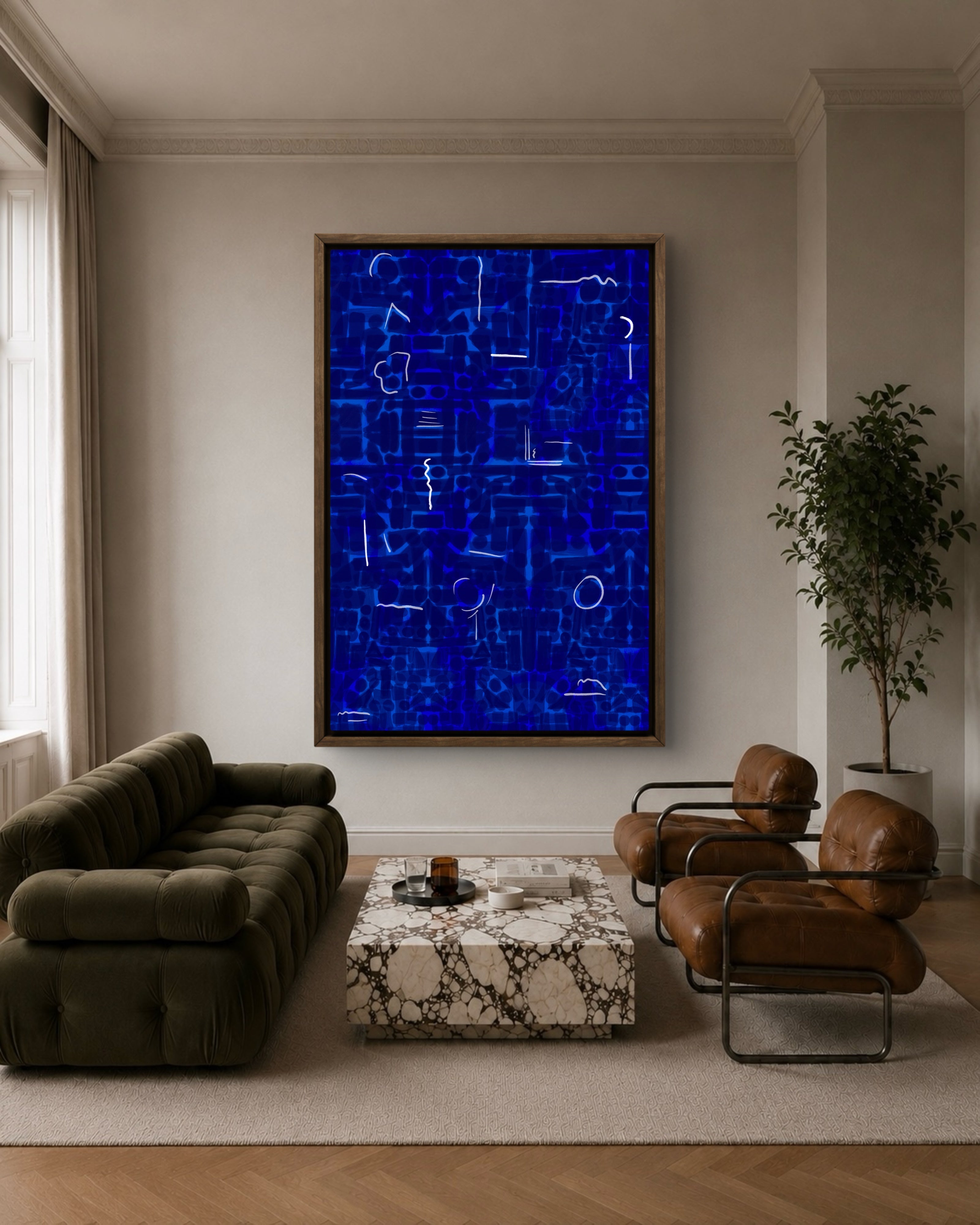 Oversized cobalt blue abstract painting with gestural markings for contemporary interiors