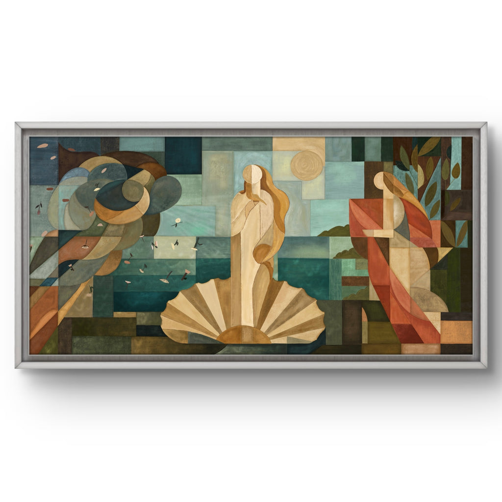 Framed abstract artwork with geometric shapes and figures 