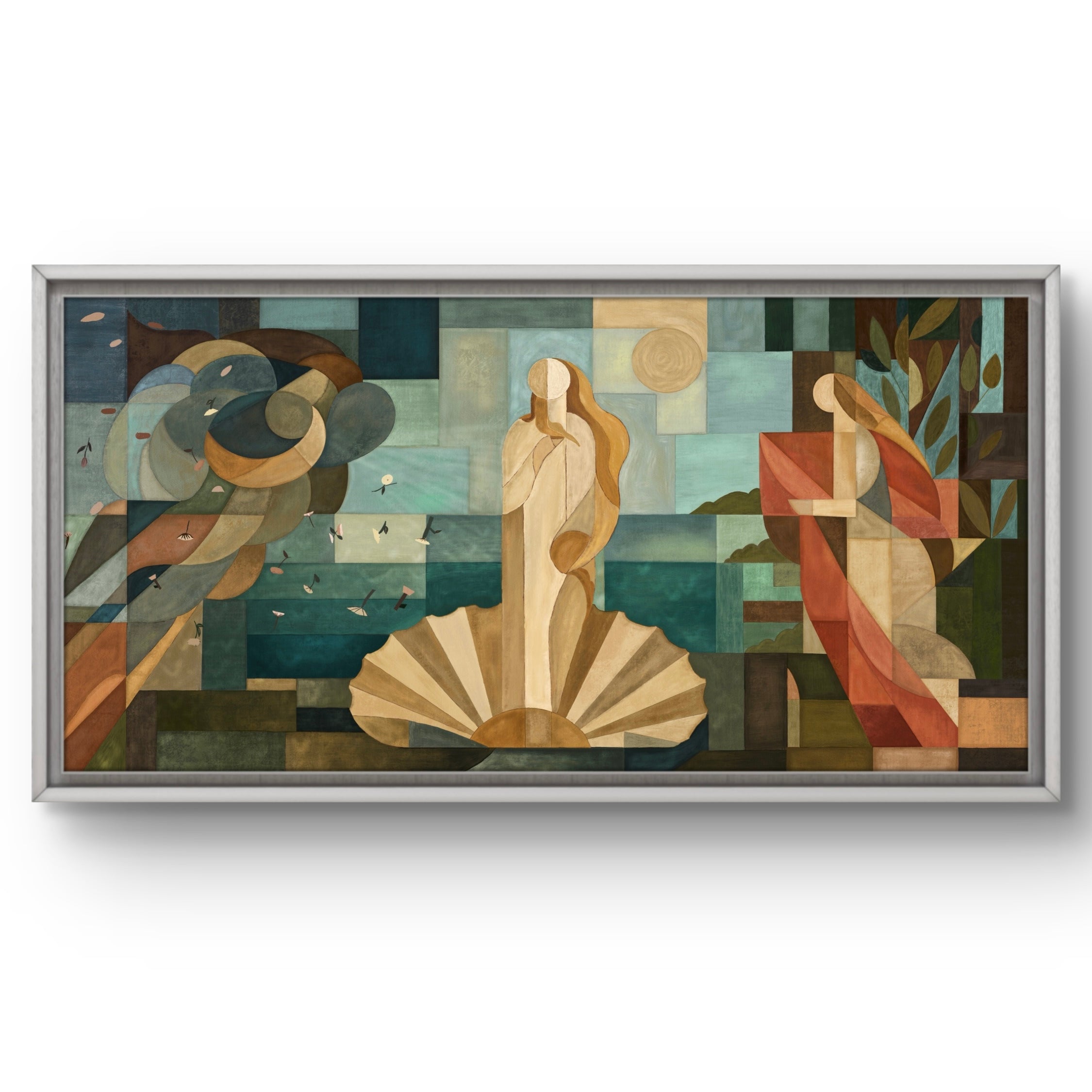 Framed abstract artwork with geometric shapes and figures 