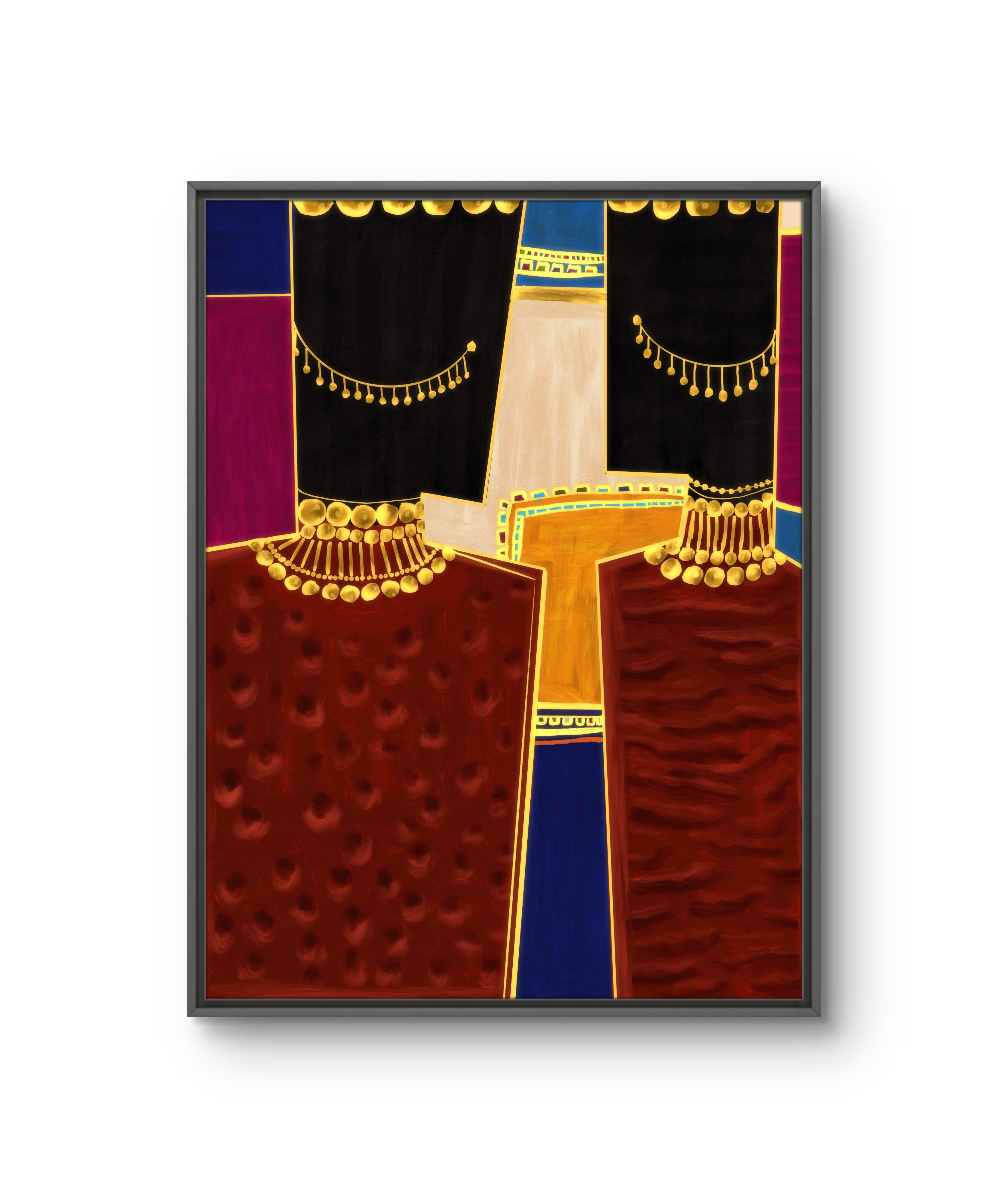 Large framed  Afrofuturist abstract painting inspired by Sudanese bridal adornment in rich red, gold, and black tones for contemporary interiors