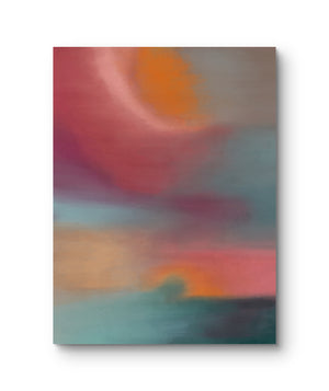 Oversized contemporary abstract painting in warm sunset tones with soft gradients for modern interiors