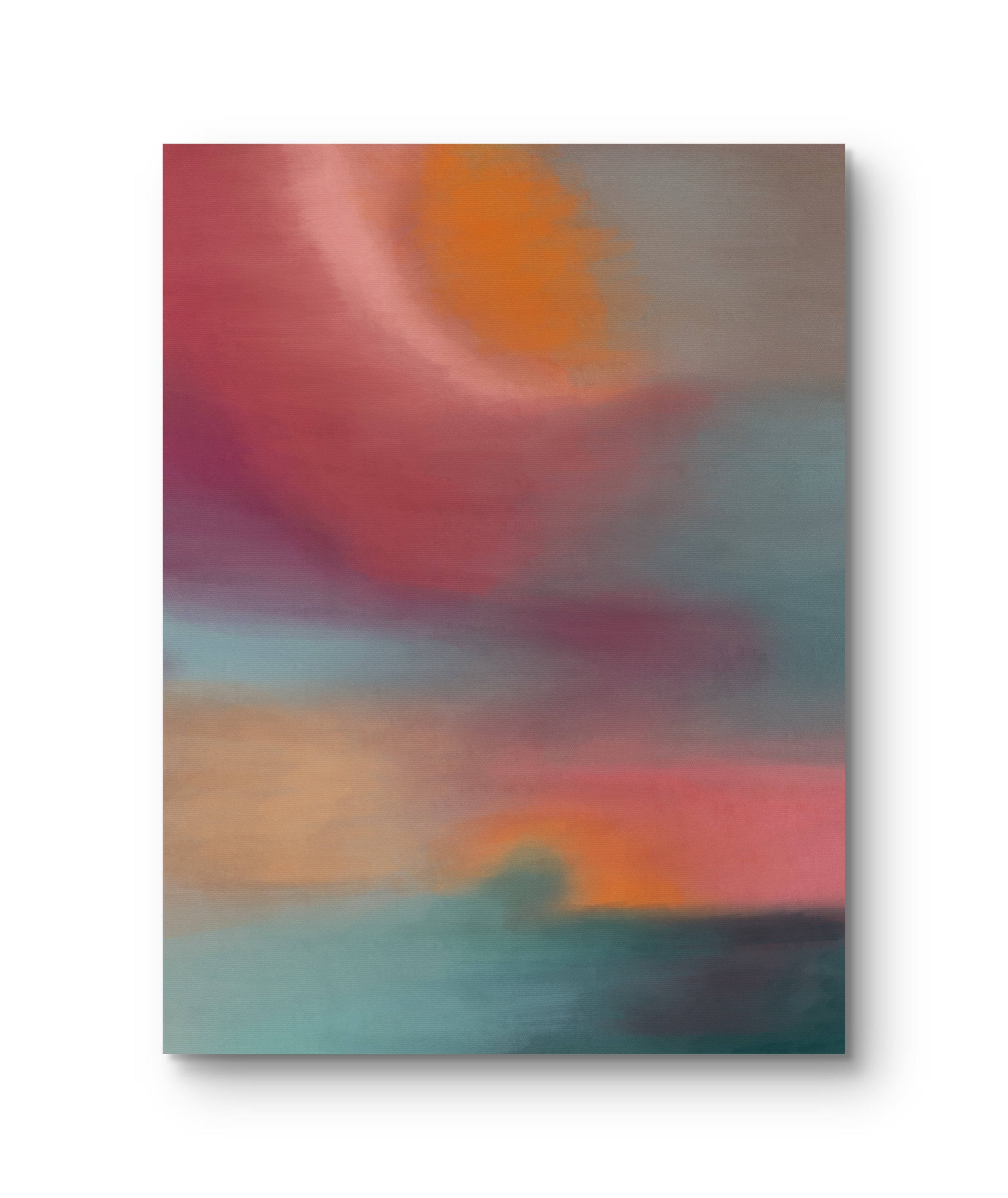 Oversized contemporary abstract painting in warm sunset tones with soft gradients for modern interiors